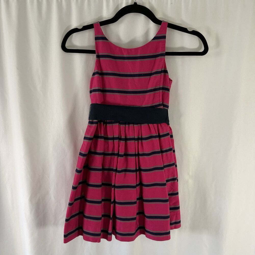 Ralph Lauren Formal Dress Girls 6X Pink Navy Blue Striped Pleated Ribbon Tie
